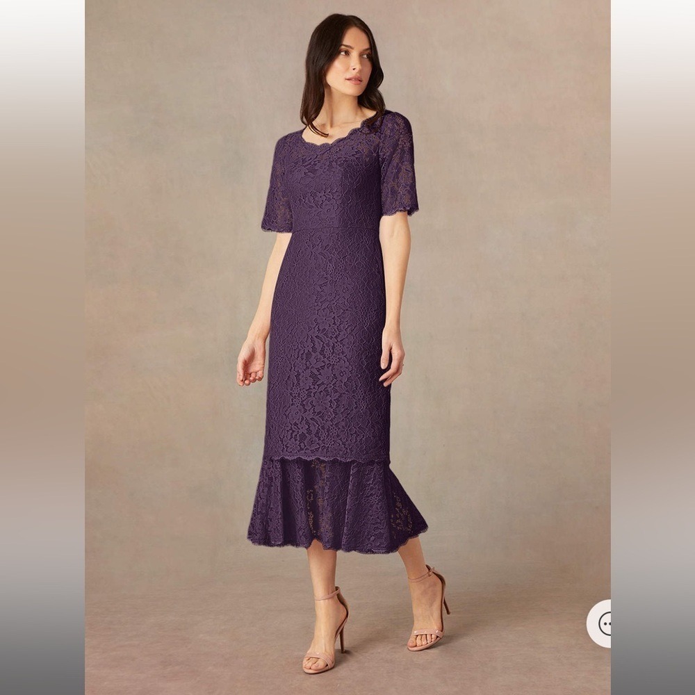 NWT - Azazie Lisa Plum Lace Short Sleeve Midi Dress Women's A10 - Picture 3 of 8